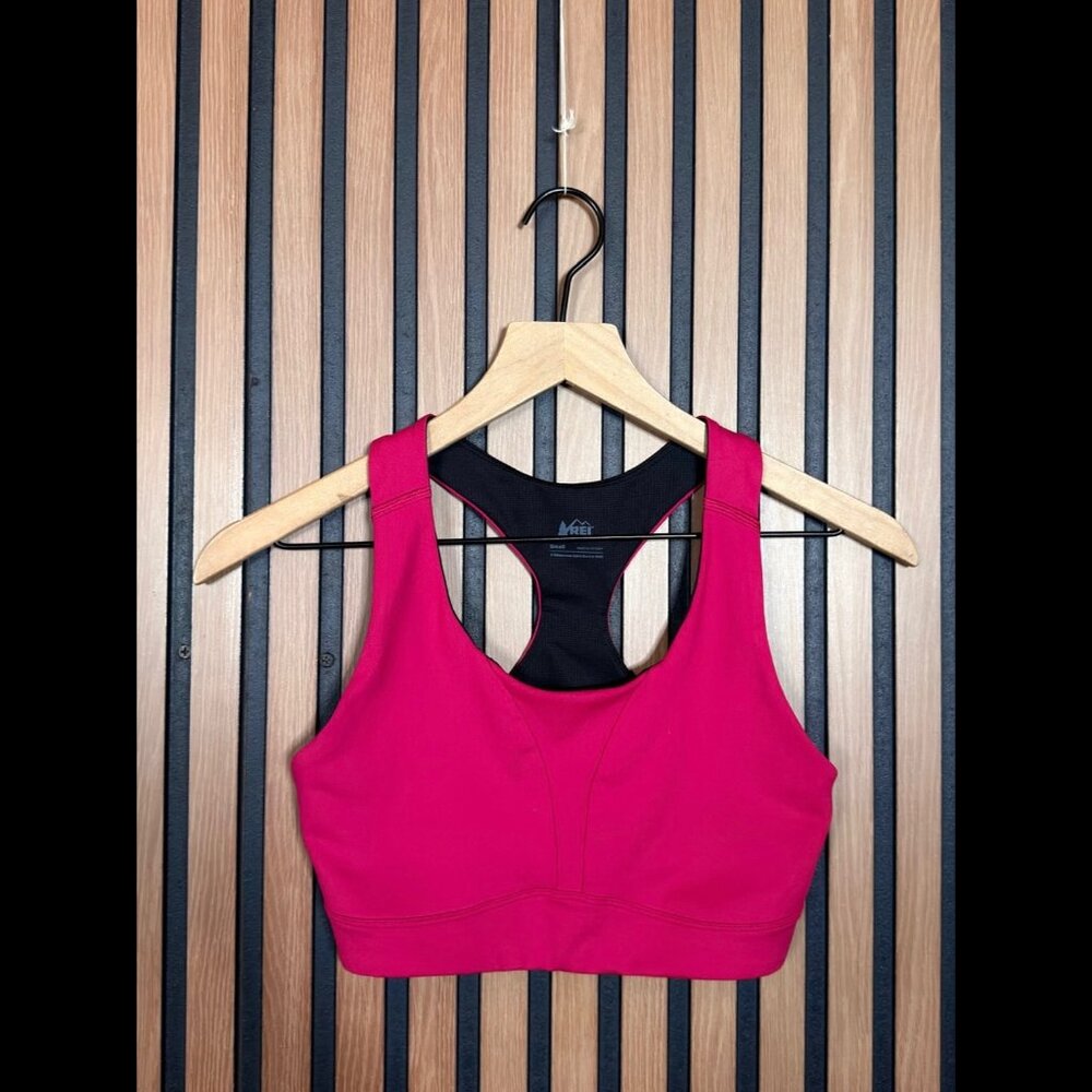 REI Sports Bra Small Women’s Pink Black Racer Back Athletic Workout